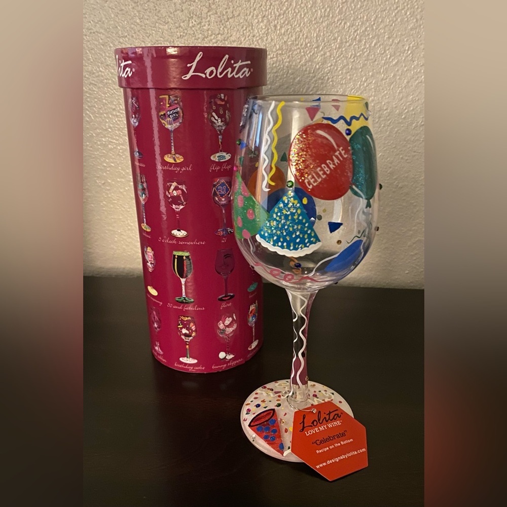 Lolita “Celebrate” Hand Painted Wine Glass 15oz | NIB | Collectible Party Glass - Picture 2 of 6